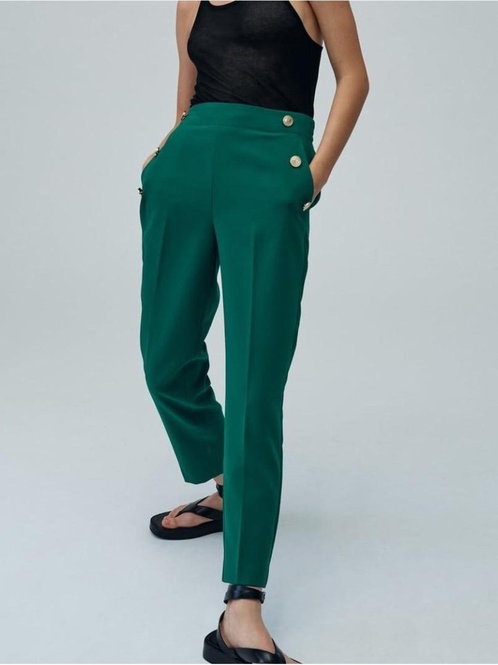 Zara Emerald Green High-Rise Tapered Trousers with Gold Buttons